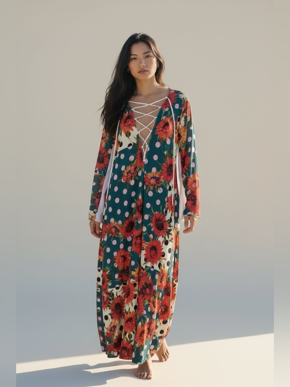 Clover Canyon Maxi Tunic Dress Orange Sunflower Sheer Tie S